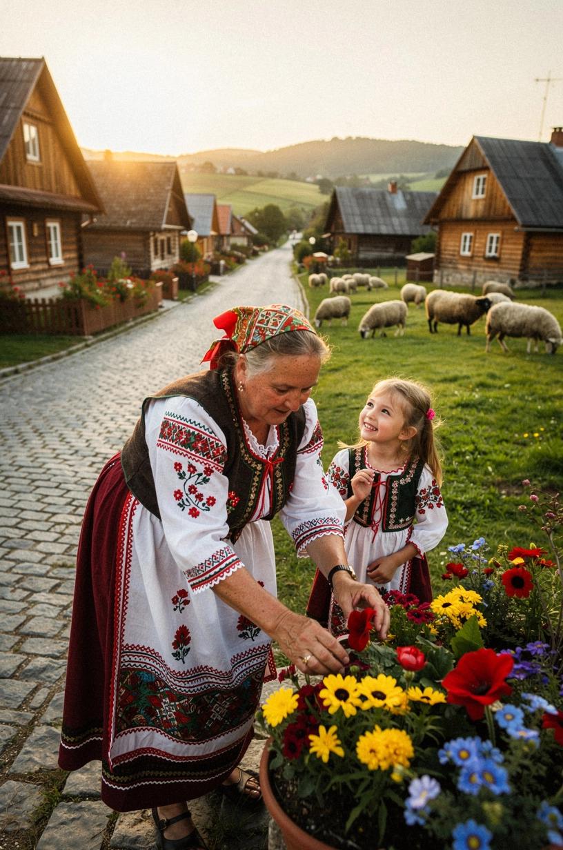 Interiér vidieckeho domu s autentickými slovenskými ľudovými dekoráciami a remeselnými výrobkami.